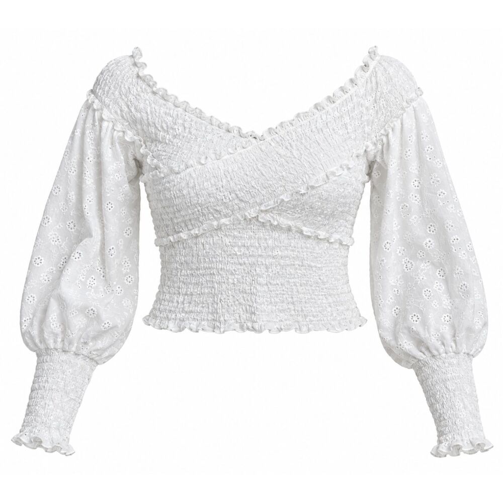 BB Dakota Crossfire White Smocked Off Shoulder Top Long Sleeve